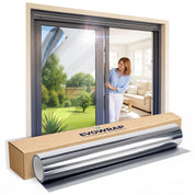 External reflective silver window film on an open patio door with an Evowrap film box in front