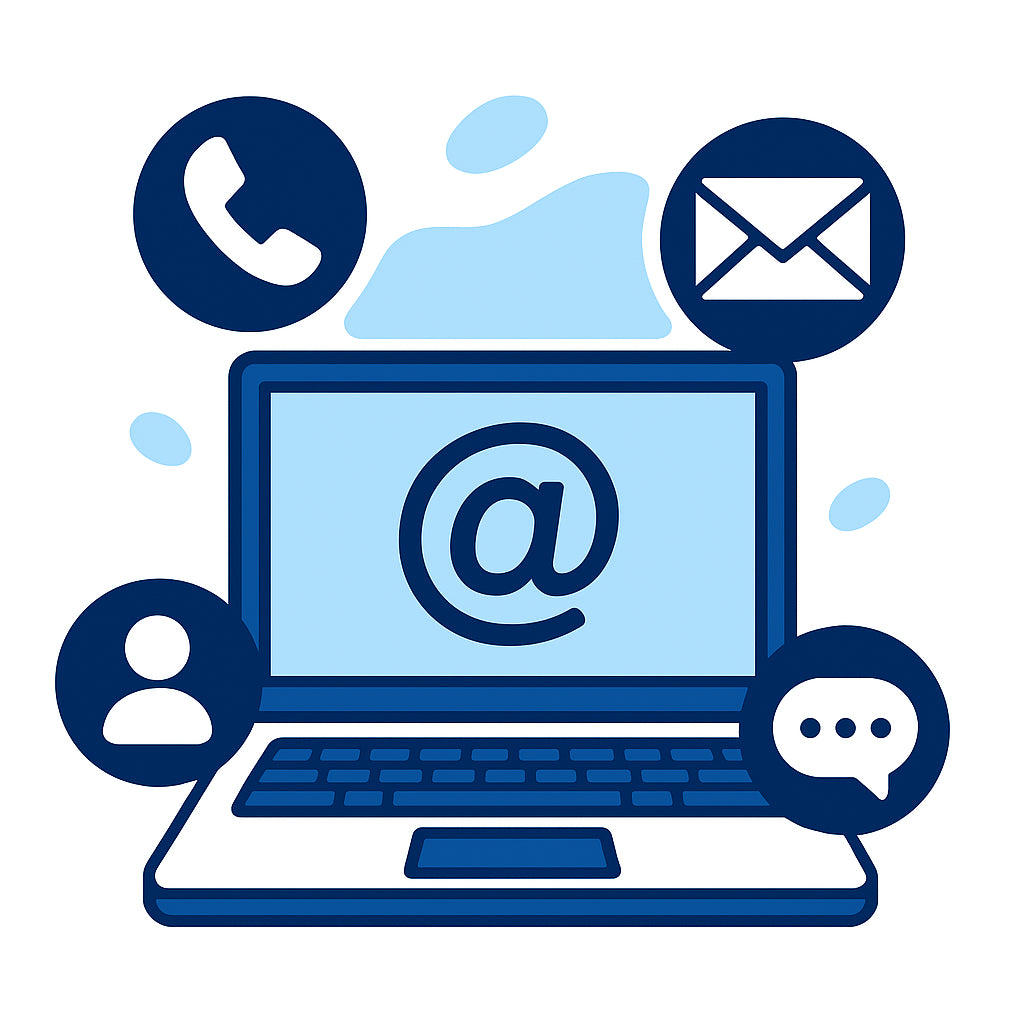 Laptop with email symbol on screen surrounded by communication icons on a white background