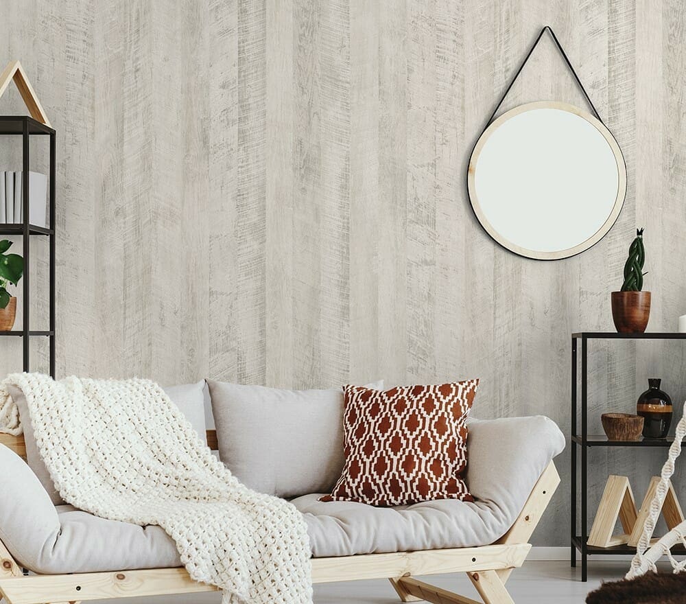 Close-up photo of Cover Styl' Light Grey Wood Panel Vinyl Wrap installed