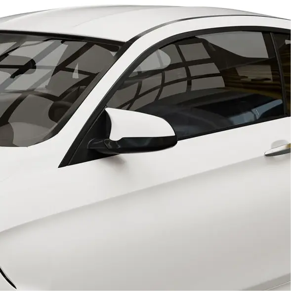 Side view of a white car with a side mirror after having Oracal 970 matt white vinyl wrap installed