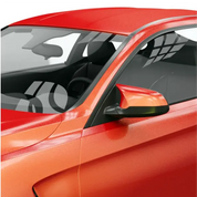 Close-up of a car's side mirror and window with Oracal 970-100M unique sunset vinyl wrap installed
