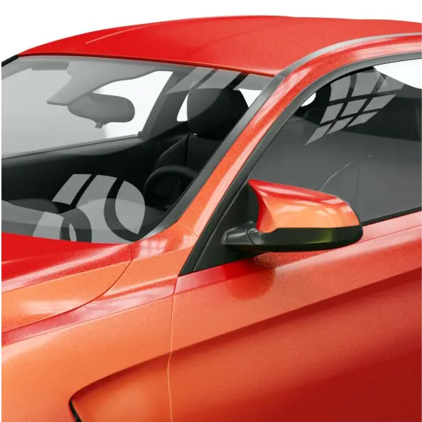 Close-up of a car's side mirror and window with Oracal 970-100M unique sunset vinyl wrap installed