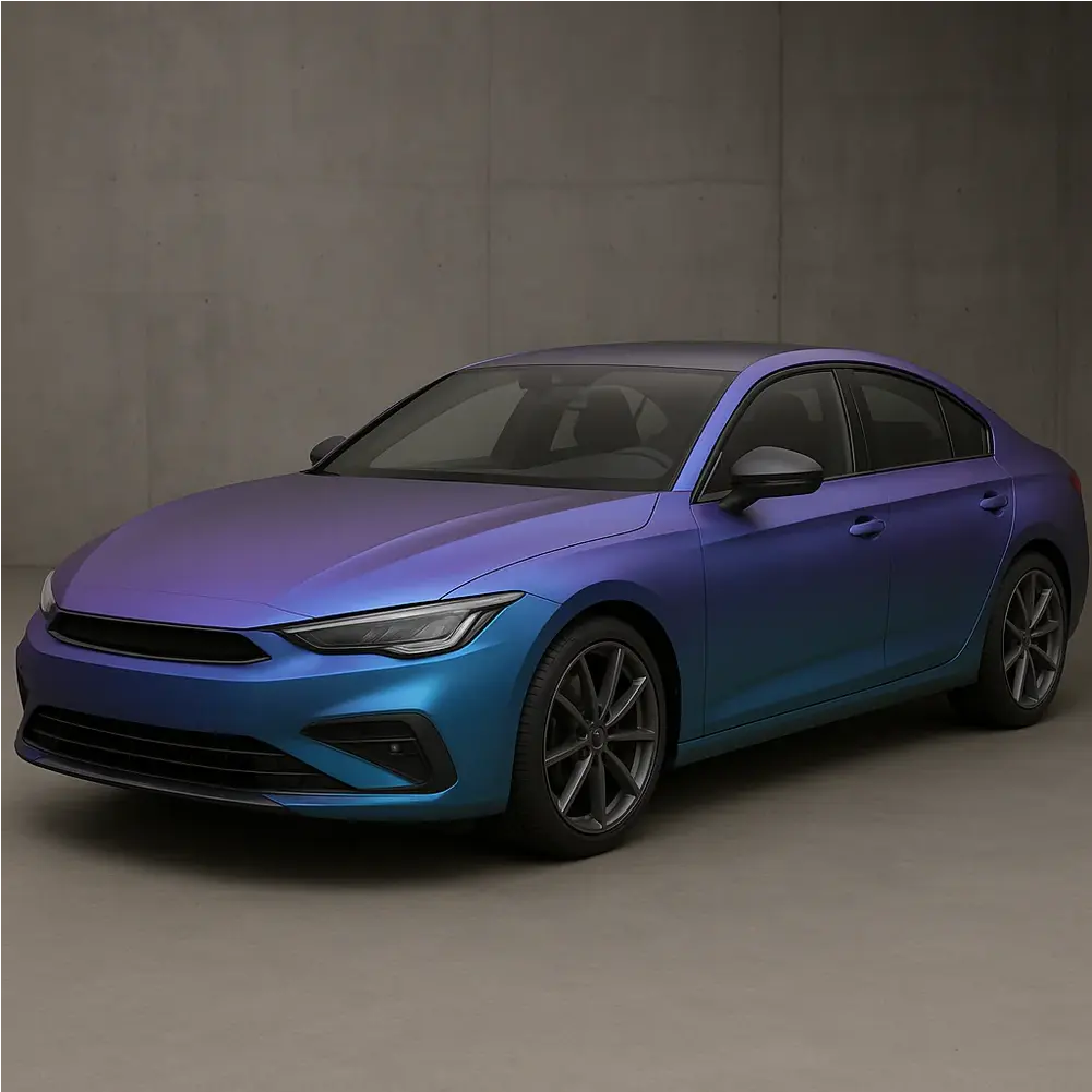 Car in a grey concrete workshop after having Oracal matt ultramarine violet vehicle wrap installed