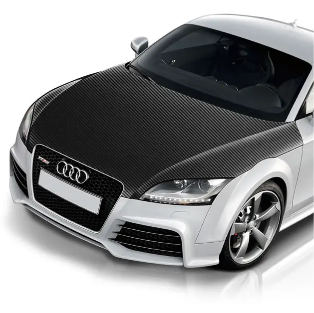 Audi car with a black carbon fibre bonnet wrap on a white background