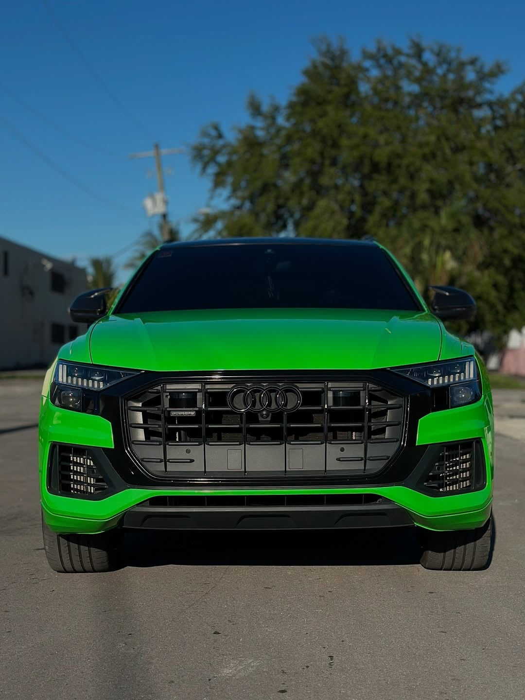 Oracal Gloss Grass Green Audi SUV parked on a street with trees and buildings