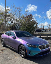 Oracal Gloss Turquoise Lavender BMW car on a road with trees and power lines