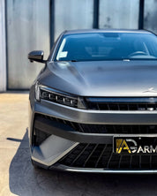 Front view of a car with Oracal Matte Charcoal Metallic wrap installed