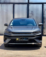 Front view of a car with Oracal Matte Charcoal Metallic wrap installed