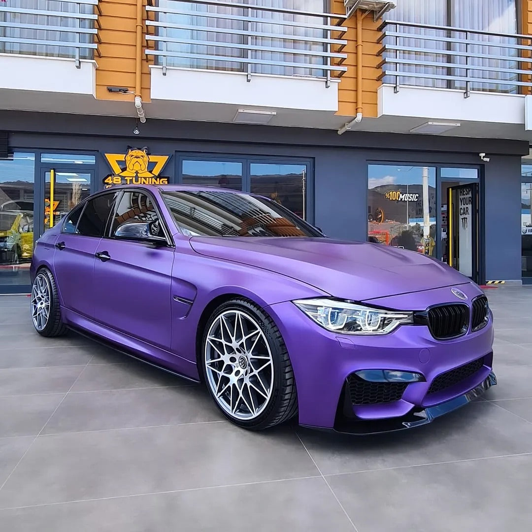 Oracal Matte Violet Metallic BMW car in front of a building 