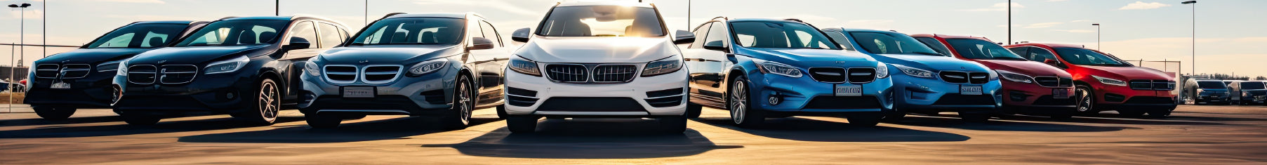Cars parked in a row with a clear sky background and precut car window tints installed on all the glass