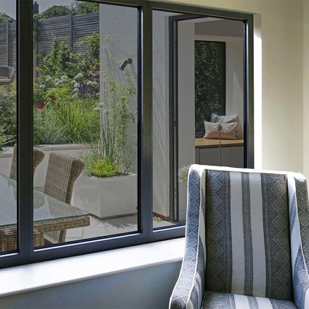 View looking out of a window with high reflective silver window film installed