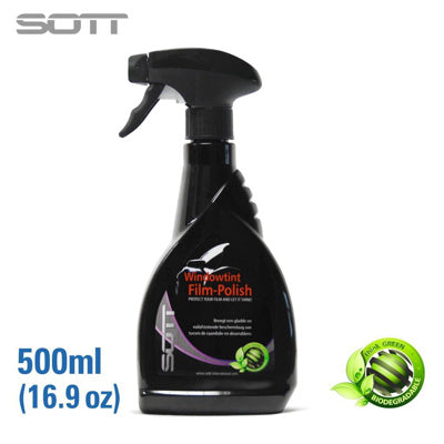 Black spray bottle labelled 'Window Tint Film Polish' by SOTT on a white background