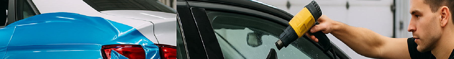 Split image showing auto wrap installed on a car and another other auto tint being installed