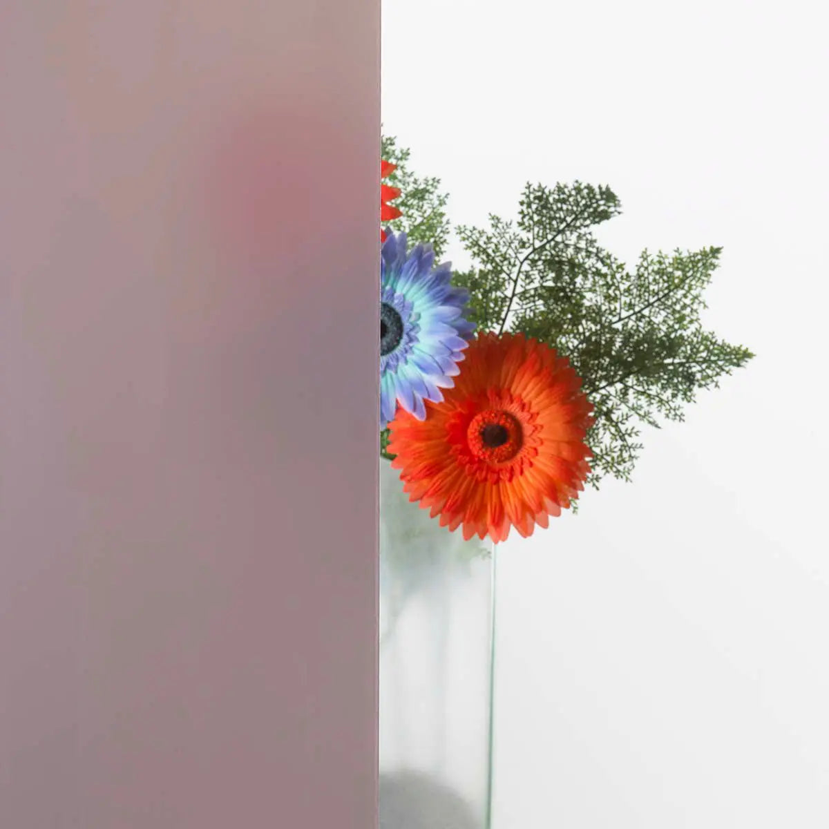 Warm bronze frosted window film installed to half of the glass with a flower behind it to show the privacy level