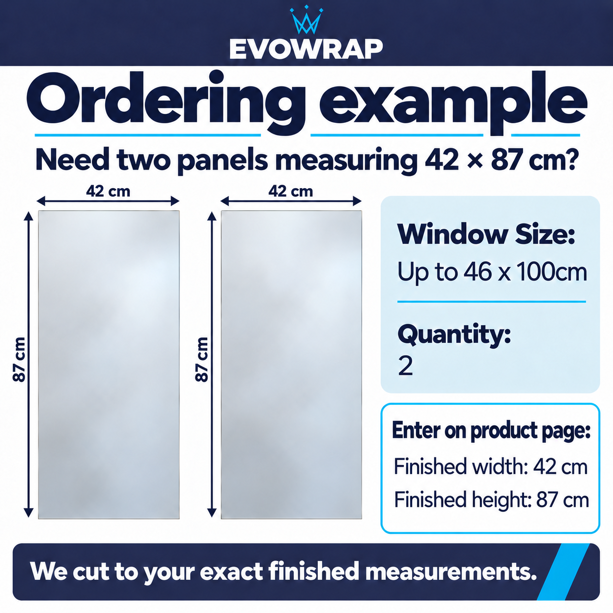 For two 42cm by 87cm panels, choose Up to 46 x 100cm, quantity 2, finished width 42cm and finished height 87cm