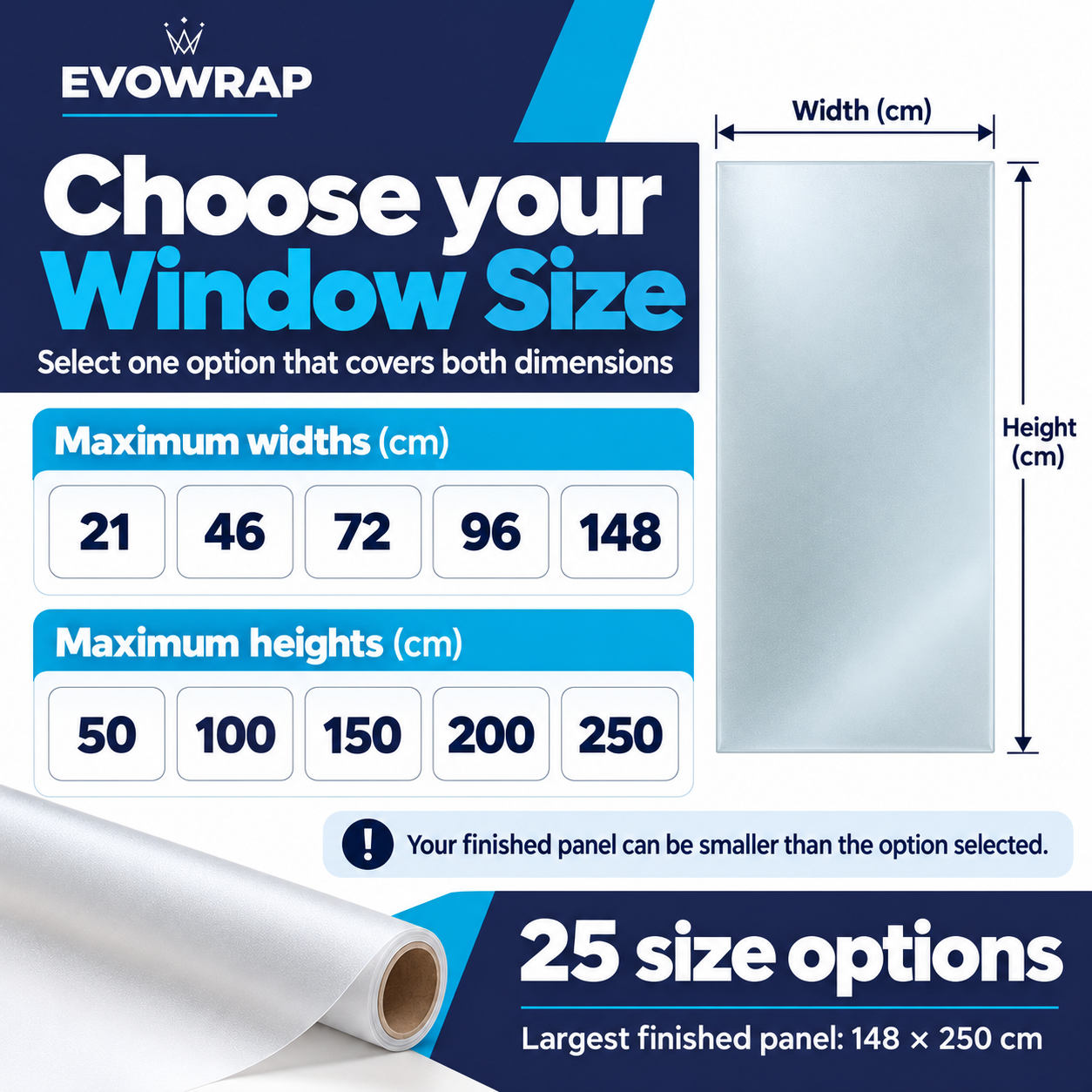Evowrap size guide with 25 options up to 148cm wide by 250cm high
