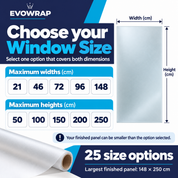 Evowrap size guide with 25 options up to 148cm wide by 250cm high
