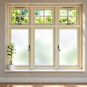 Made-to-measure frosted window film on three lower window panes, providing privacy while clear upper panes let in daylight