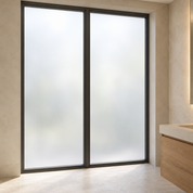 Illustration of white frosted window film on two tall bathroom windows beside an oak vanity.