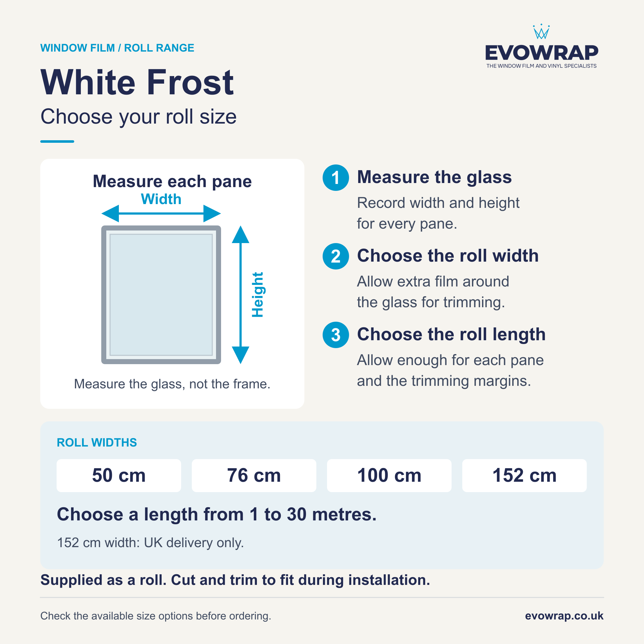 White Frost window film: roll widths, lengths and measuring guidance for trimming to fit.