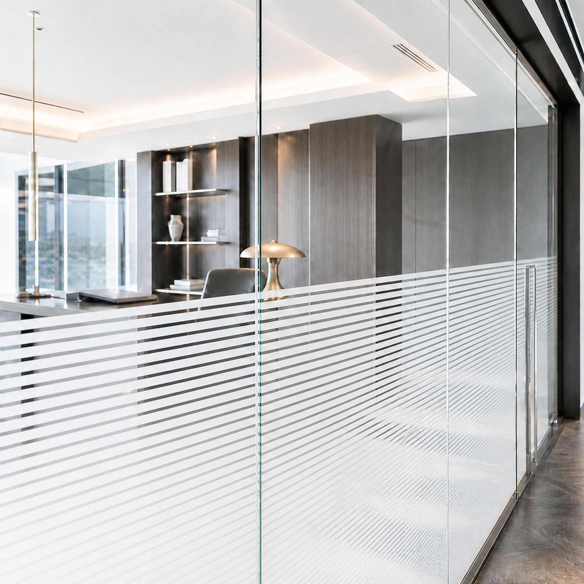 Linea 18 decorative window film with white horizontal stripes