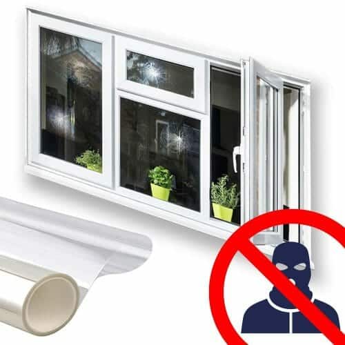 Photo of security window film on a roll and installed on a window