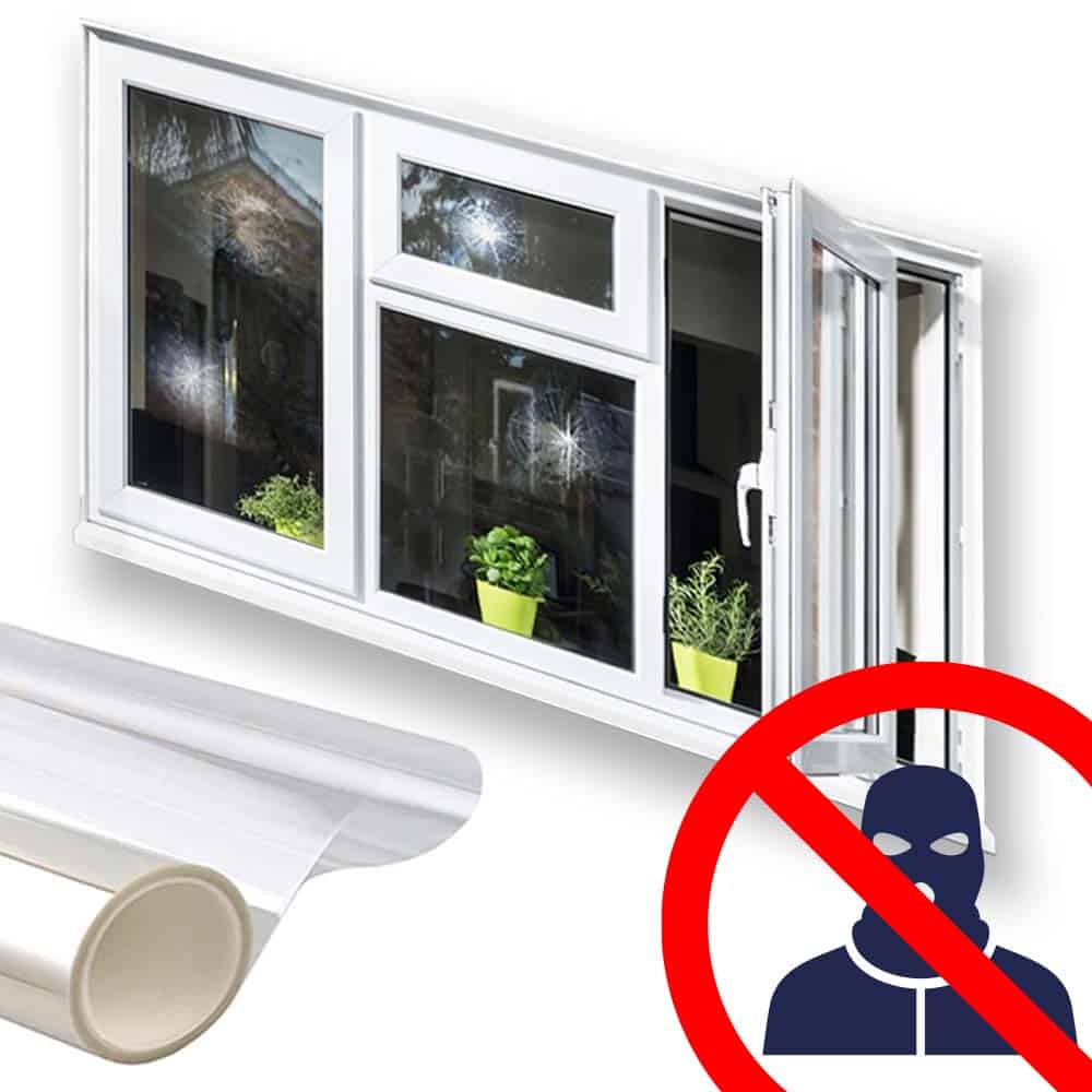 Photo of security window film on a roll and installed on a window