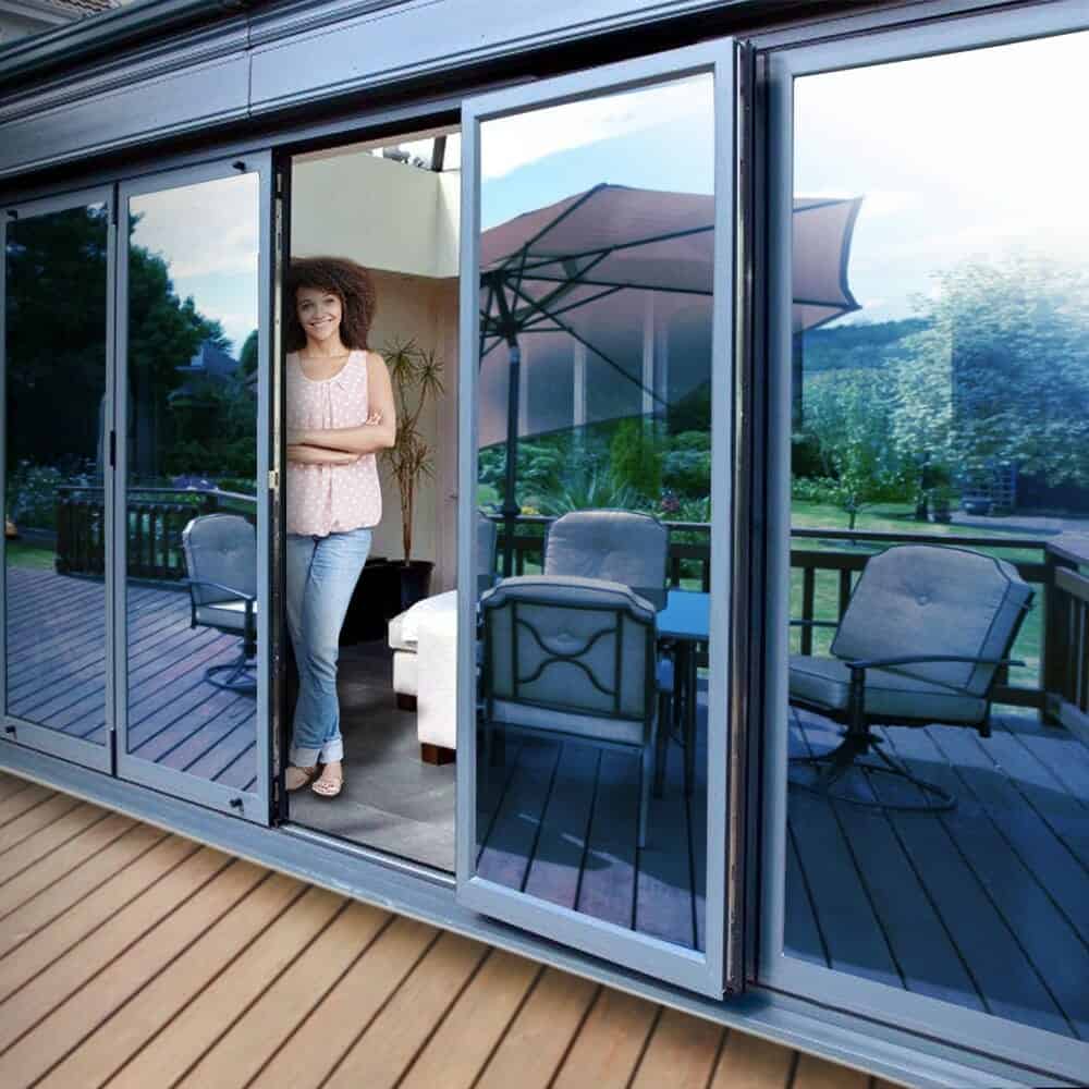 Blue One Way Window Film An image of the blue reflective window film installed on a patio door