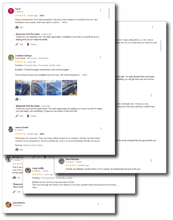 About Us Collage of evowrap google reviews